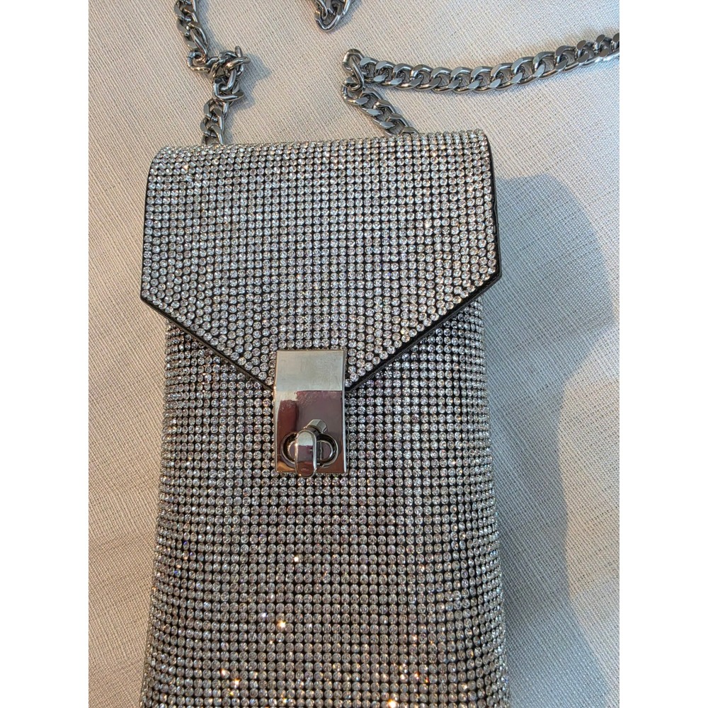 Rhinestone Crossbody Phone Bag Silver Crystal Chain Strap Evening Clutch Black - Picture 2 of 5
